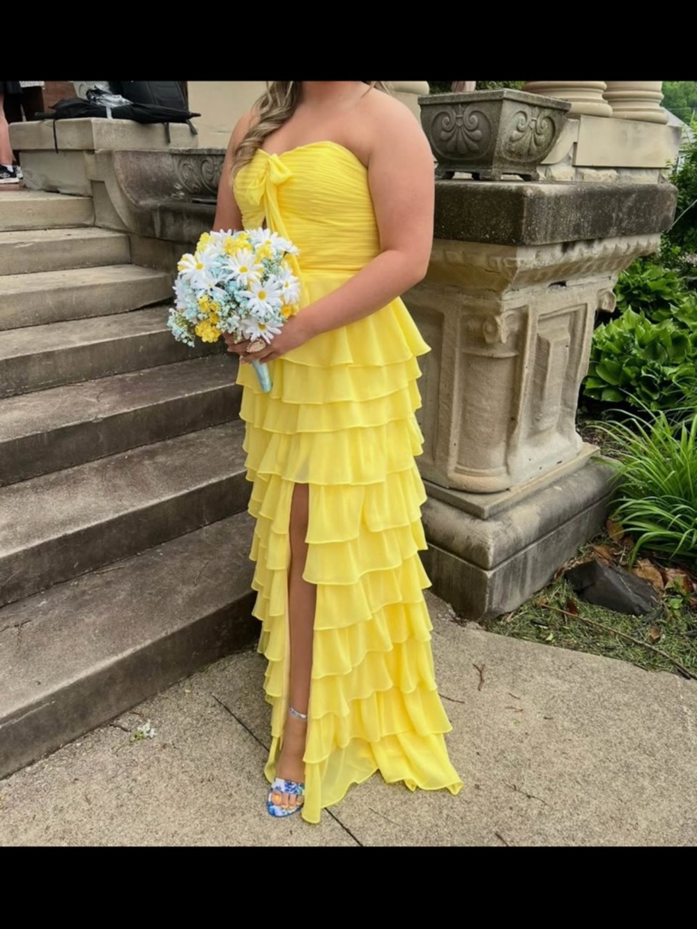 Strapless Yellow Ruffled Evening Dress